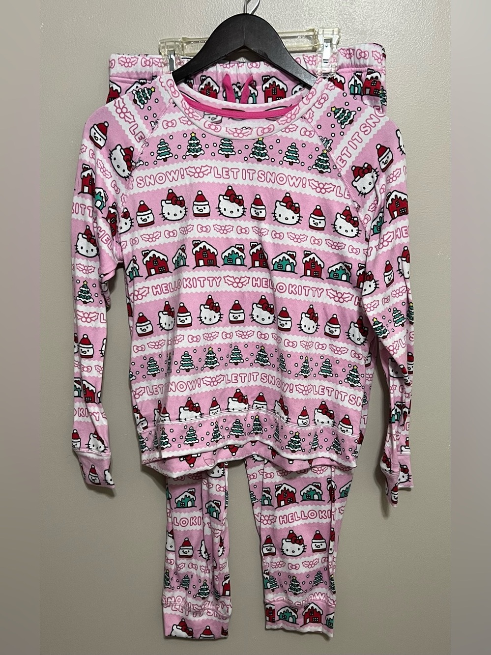 Hello Kitty Pink Holiday Let It Snow Pajama Set with Snowman & Tree Print Size M